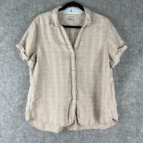 Tommy Bahama Tops - Tommy Bahama Linen Top Womens Medium Beige Plaid Short Sleeve Coastal Beachy